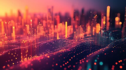 Digital cityscape illuminating data connection and technology network