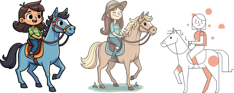 Horse riding illustration, cartoon riders, artistic styles, equestrian theme, diverse characters, modern design, children and adults, creative horse scene, outdoor concept