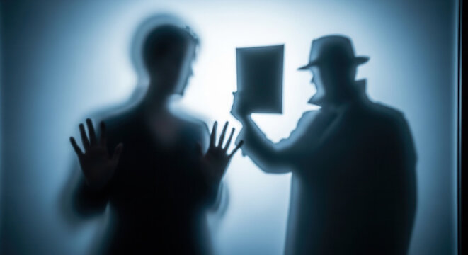 Mysterious detective questions suspect through frosted glass, a tense scene of intrigue and suspicion