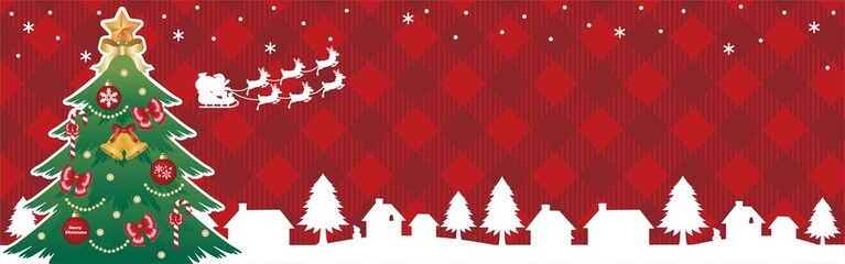 Christmas Horizontal Banner Illustration with Santa Sleigh and Tree