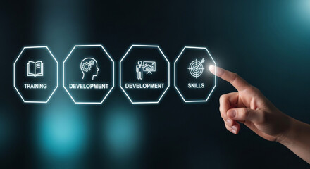 A hand interacts with glowing virtual icons that represent learning, enrichment, development, and skills, set against a dark blue background, conceptualizing modern education.