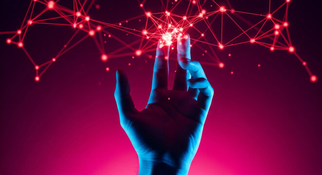 A hand reaching towards a red network of connected dots and lines on a dark backdrop with blue lighting, creating a futuristic technology aesthetic.