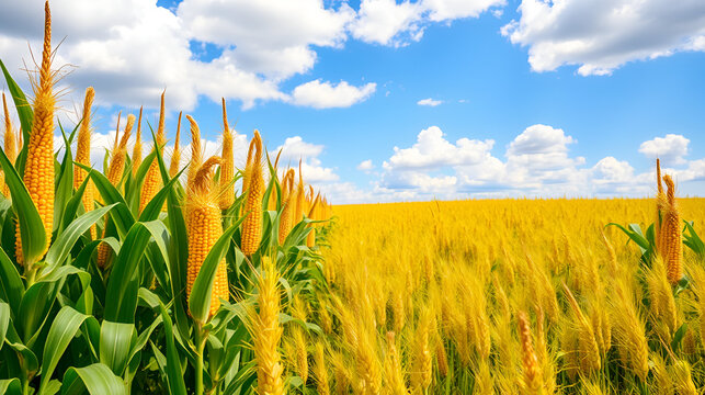 yellow corny field with blue sky and white clouds in the summer - czech agriculture - ecological farming and corn plant