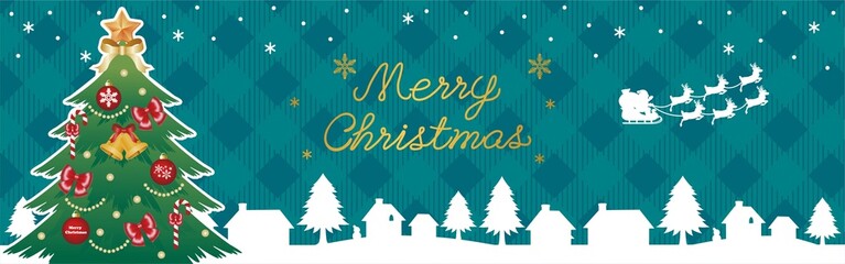 Christmas Horizontal Banner Illustration with Santa Sleigh and Tree