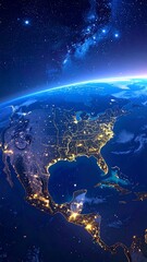 A vibrant nighttime view of Earth showcasing North America, lit by city lights, under a stunning starry sky. The atmosphere glows at the edges