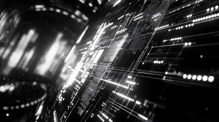 Digital circuit board with glowing data lines and interconnected dots