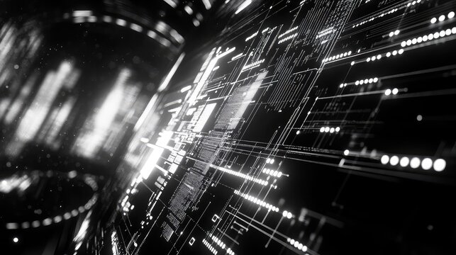 Digital circuit board with glowing data lines and interconnected dots