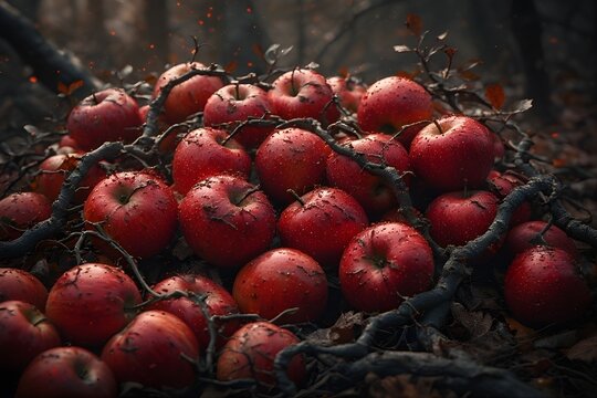 a bunch of fresh apples arranged naturally on twigs, roots and leaves in a shady forest setting