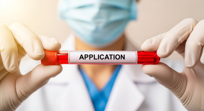 A healthcare worker in blue scrubs and a white coat holds a blood sample tube labeled 'Application', in a bright laboratory, used for conducting medical examinations and diagnosis.