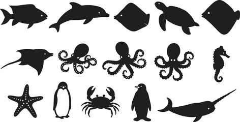 Naklejka premium Marine animal silhouette collection featuring fish, dolphin, stingray, turtle, octopus, seahorse, starfish, penguin, crab and narwhal, perfect for ocean vector illustration projects