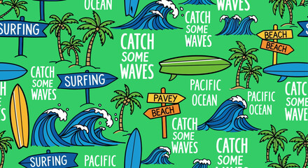 Hand drawn vector seamless pattern. Surfboards palm trees, waves and slogan texts.