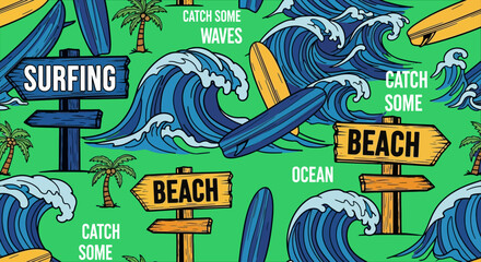Hand drawn vector seamless pattern. Surfboards palm trees, waves and slogan texts.