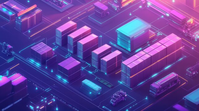 Futuristic digital logistics network transporting shipping containers