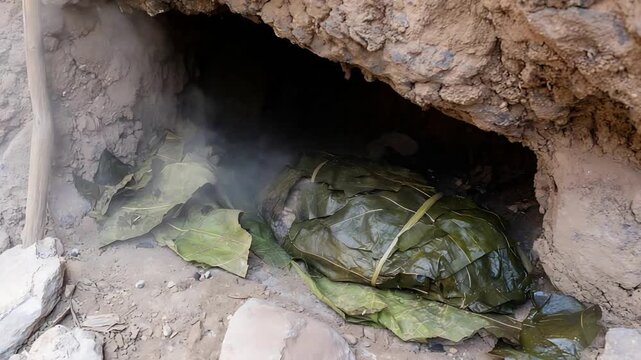 Traditional Earth Oven Cooking with Steam Rising from Leaf Wrapped Food.