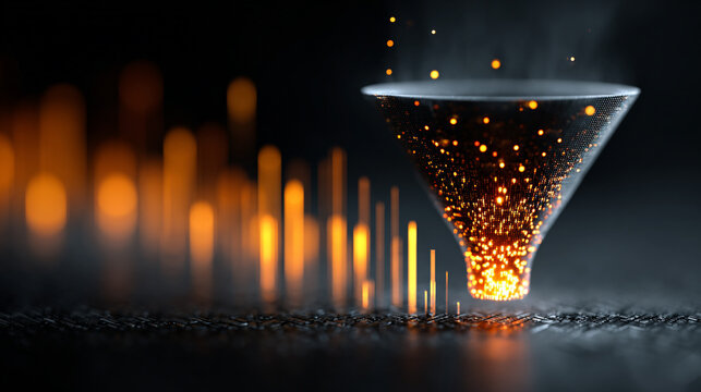 Glowing funnel with particles and blurred light abstract design.