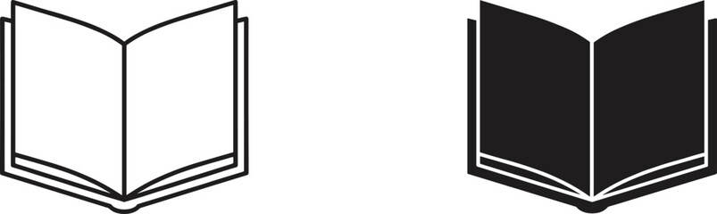 Open book silhouette vector illustration showing outlined and solid versions, educational reading symbol, black and white graphic design for learning, literature, study concepts