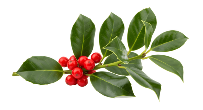 A beautiful sprig of holly with vibrant red berries isolated.