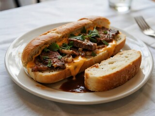 Philly Cheesesteak A sandwich made from thinly sliced steak and melted cheese in a long roll