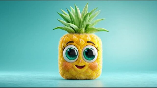 Cartoon pineapple character illustration on blue background