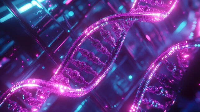 Dna double helix structure glowing with futuristic neon lights