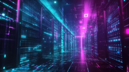 Data server racks processing big data cyberspace neon light
