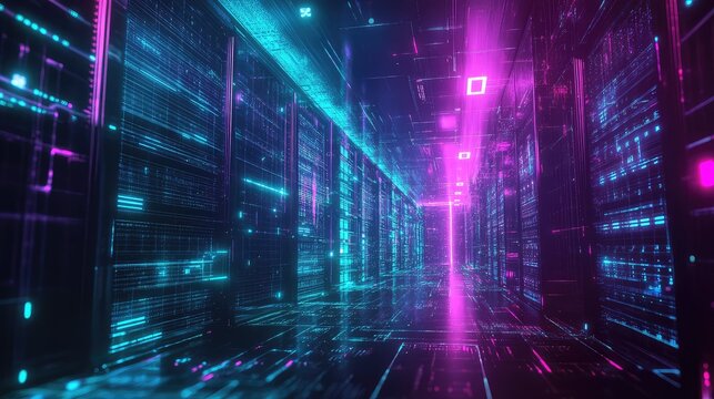 Data server racks processing big data cyberspace neon light