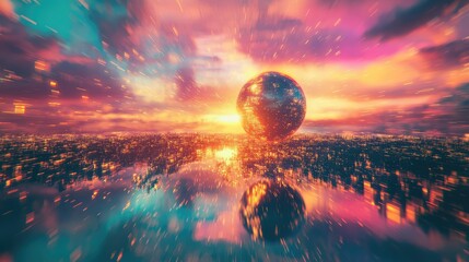 Futuristic digital city with hovering textured sphere at sunset