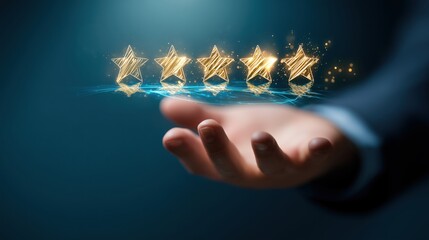 Hand showing glowing golden five stars representing best quality assurance in a digital concept on a dark background
