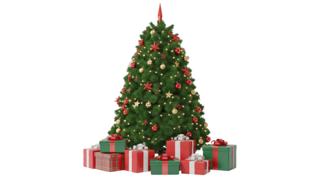 Festive Christmas tree with ornaments and wrapped presents beneath