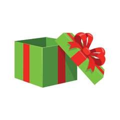 Open green gift box with red ribbon and bow