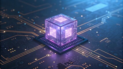 A glowing cube sits atop a microchip, symbolizing advanced technology and the interconnectedness of modern computing systems and artificial intelligence