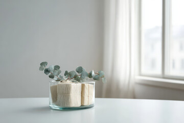 minimalist interior featuring elegantly wrapped gifts displayed within simple glass vessel on clean ultrabright