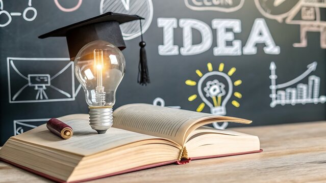 Illuminating ideas a lightbulb rests on an open book, symbolizing knowledge and inspiration against a chalkboard of concepts and diagrams