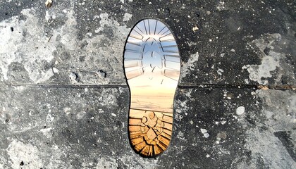 Cutout of a footprint revealing a landscape scene beneath