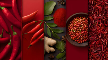 Red chili peppers and spices collage


