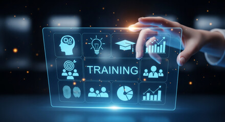 A person taps on a holographic training interface against a dark blue backdrop, with illuminated light particles, representing modern digital technology and innovative learning.