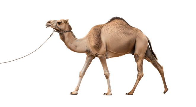A single brown dromedary camel walking in profile.
