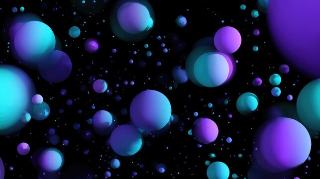 Abstract purple and turquoise spheres floating in dark space