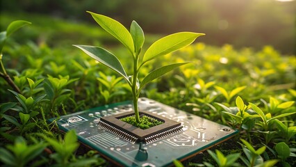 A young plant grows from a computer processor, symbolizing the intersection of technology and nature, representing green technology and sustainable development