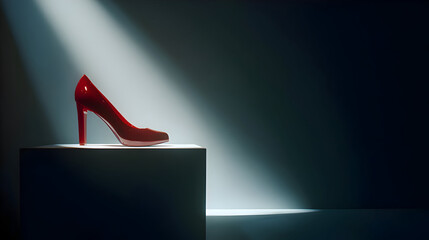 High heel shoe on pedestal with dramatic lighting

