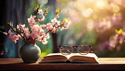 A sunny view through a window, with glasses resting on an open book and a vase of cherry blossoms nearby