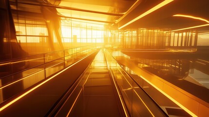 Empty modern airport terminal with golden hour illumination