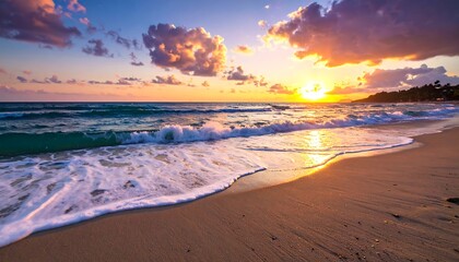 A vibrant sunset over a tranquil beach, with waves gently rolling onto the shore and soft clouds in the sky