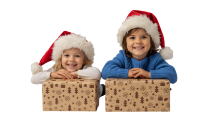 Two happy children wearing Santa hats holding Christmas presents