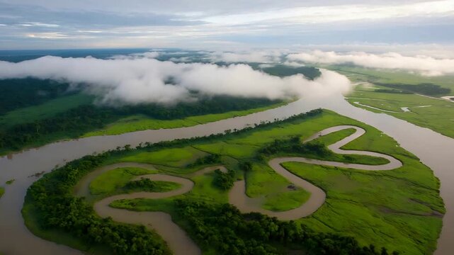 Majestic Aerial View of Winding River Through Lush Green Landscape and Clouds.