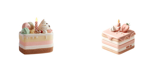 Two birthday cakes with candles and pastel decorations against a on transparent background