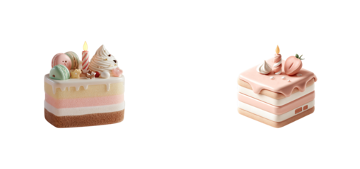 Two birthday cakes with candles and pastel decorations against a on transparent background