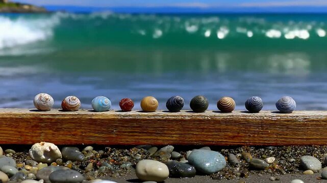 Serene Line of Colorful Seashells on a Wooden Ledge by the Ocean.