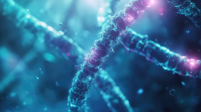 Dna structure showing genetic strands with glowing proteins - Powered by Adobe