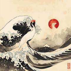 A Japanese red-crowned crane gracefully balances by turbulent black ink waves, with a radiant red sun reflecting on the distant horizon in a traditional minimalist style..eps